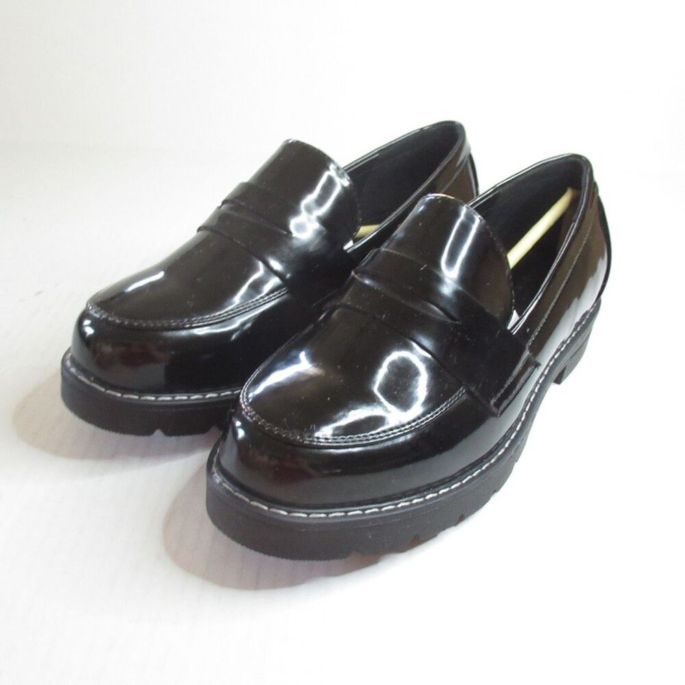 JF J. Ferrar Womens Danica Penny Loafers Black Shiny Contrast Stitch 7.5 E New